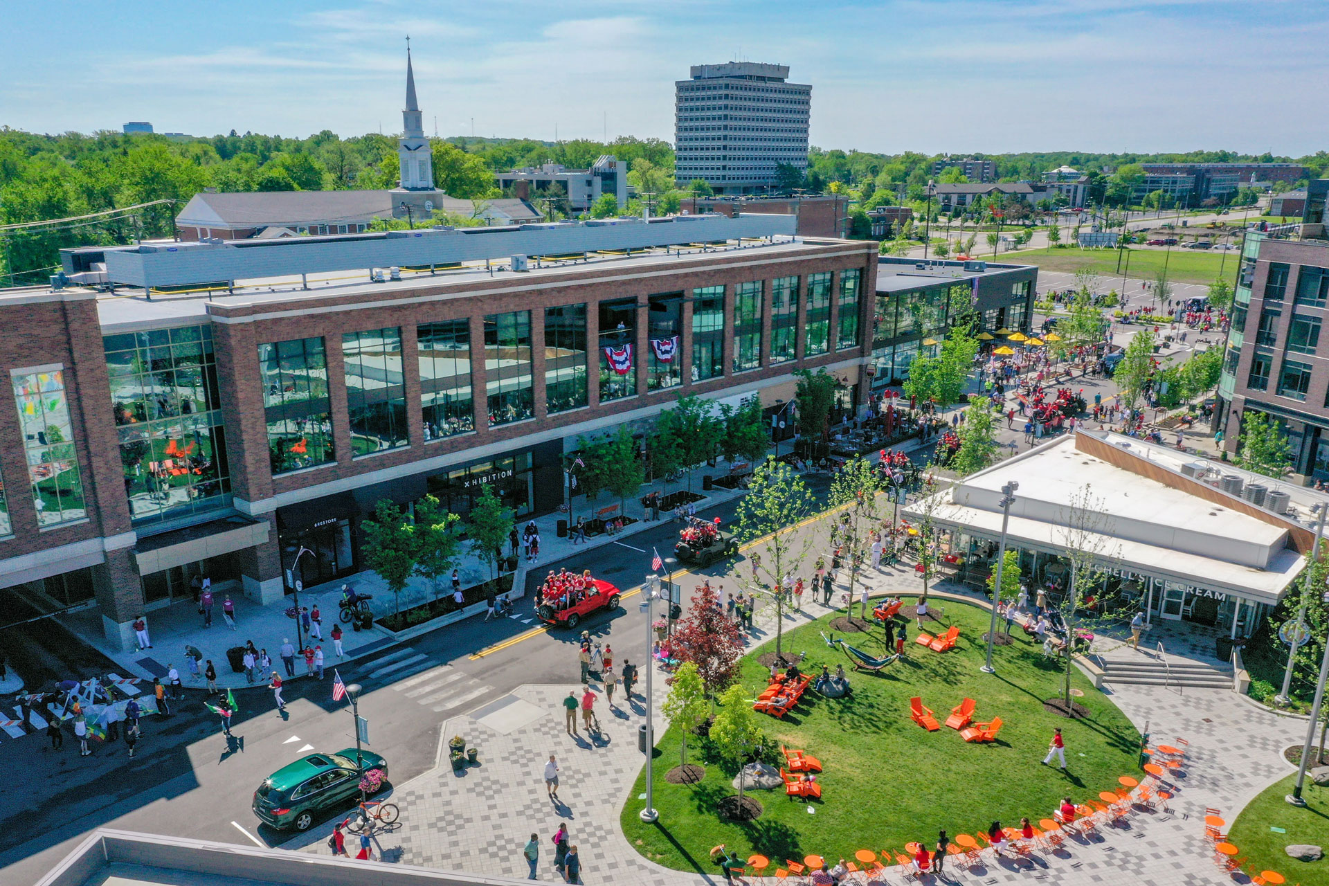 aerial shot of the van aken district market and streets busy with people walking